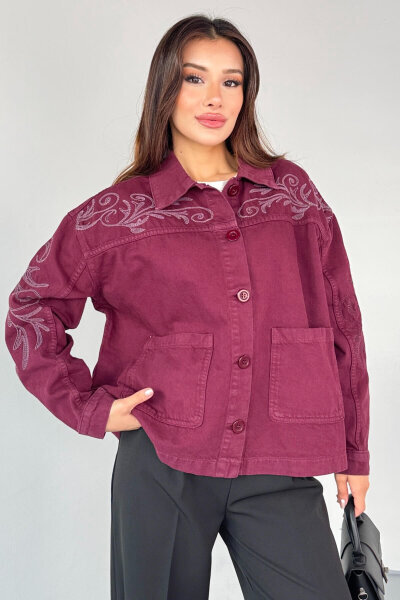CKT-2749 Bordo Nakış Detaylı Cepli Gabardin Ceket - 4