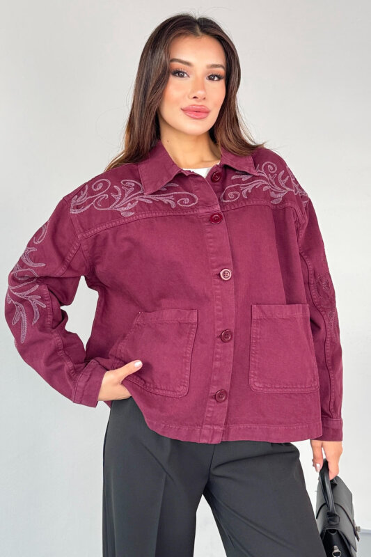 CKT-2749 Bordo Nakış Detaylı Cepli Gabardin Ceket - 4