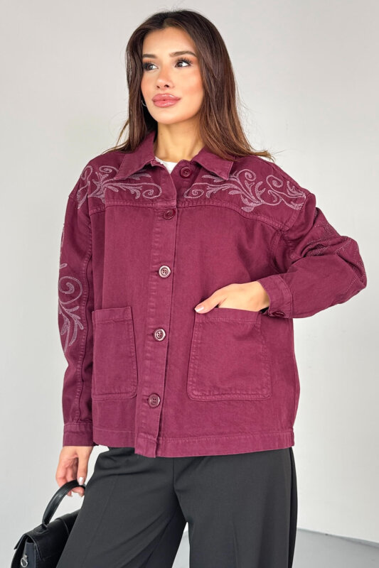 CKT-2749 Bordo Nakış Detaylı Cepli Gabardin Ceket - 5