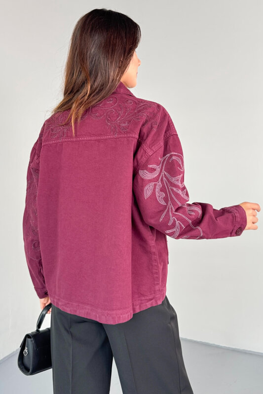 CKT-2749 Bordo Nakış Detaylı Cepli Gabardin Ceket - 6