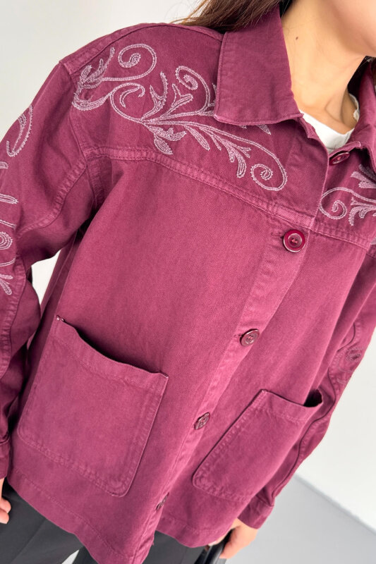 CKT-2749 Bordo Nakış Detaylı Cepli Gabardin Ceket - 7