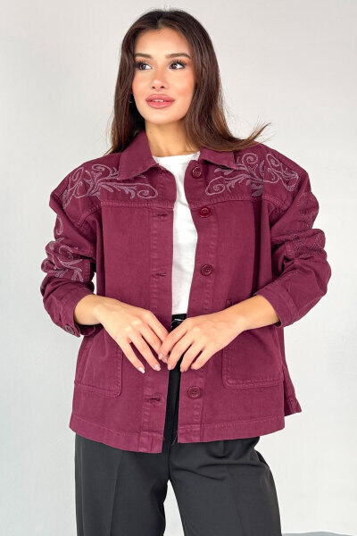 CKT-2749 Bordo Nakış Detaylı Cepli Gabardin Ceket - 1