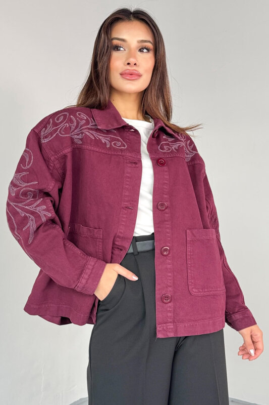 CKT-2749 Bordo Nakış Detaylı Cepli Gabardin Ceket - 3