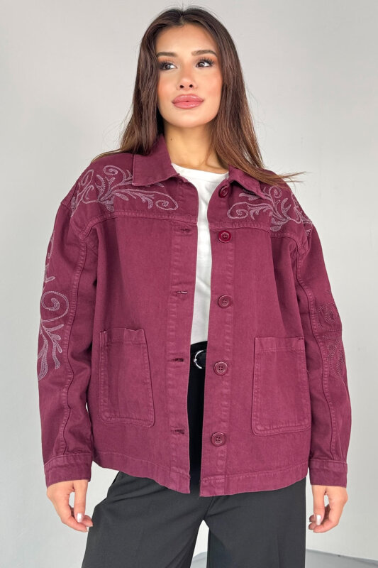 CKT-2749 Bordo Nakış Detaylı Cepli Gabardin Ceket - 8