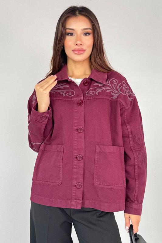 CKT-2749 Bordo Nakış Detaylı Cepli Gabardin Ceket - 9