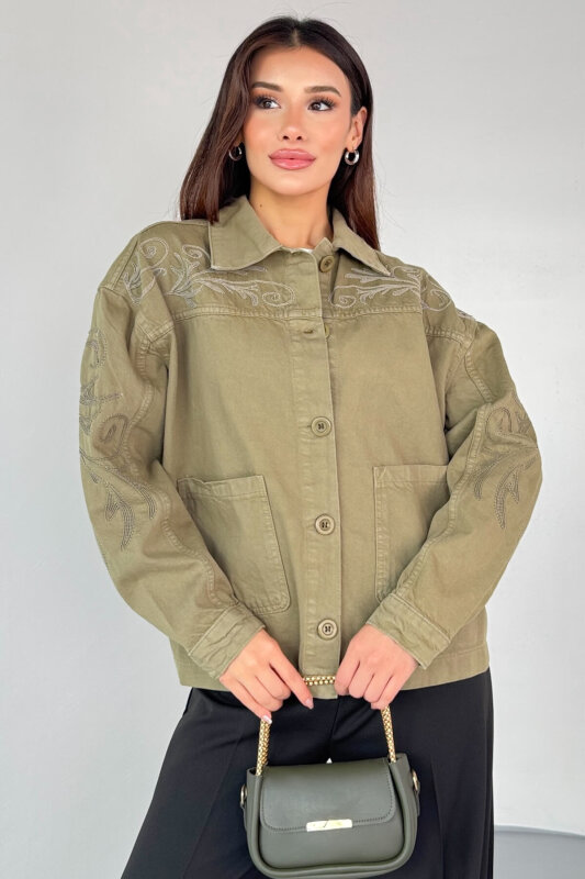 CKT-2749 Haki Nakış Detaylı Cepli Gabardin Ceket - 3