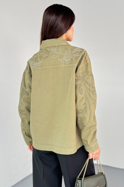 CKT-2749 Haki Nakış Detaylı Cepli Gabardin Ceket - 4