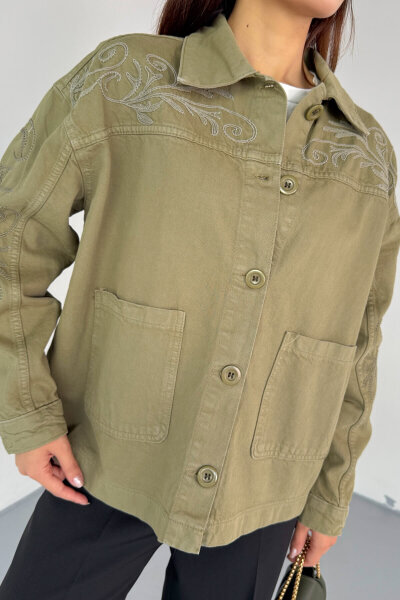 CKT-2749 Haki Nakış Detaylı Cepli Gabardin Ceket - 5