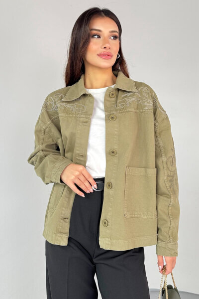 CKT-2749 Haki Nakış Detaylı Cepli Gabardin Ceket 