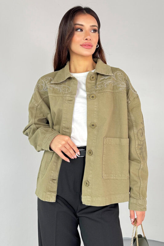 CKT-2749 Haki Nakış Detaylı Cepli Gabardin Ceket - 1