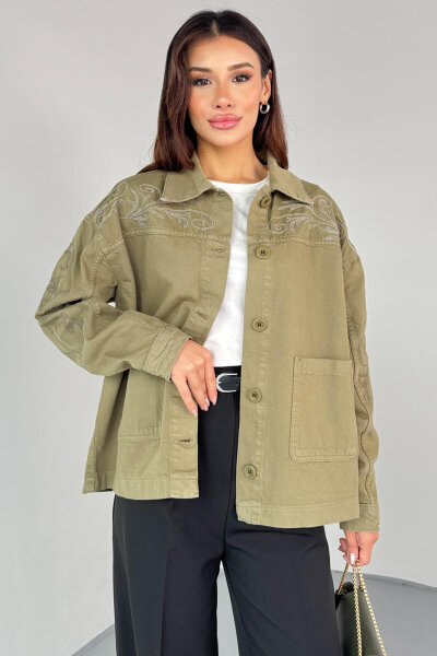 CKT-2749 Haki Nakış Detaylı Cepli Gabardin Ceket - 6