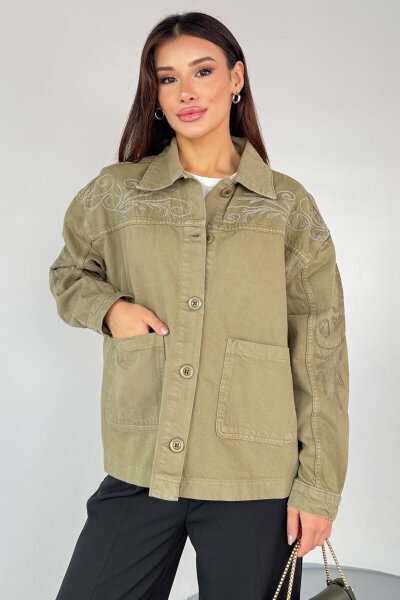 CKT-2749 Haki Nakış Detaylı Cepli Gabardin Ceket - 7