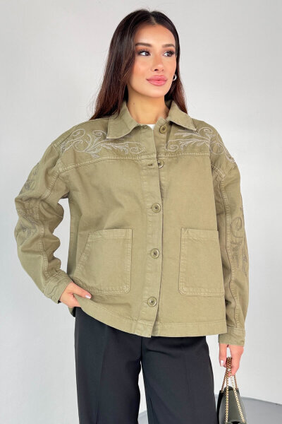 CKT-2749 Haki Nakış Detaylı Cepli Gabardin Ceket - 8