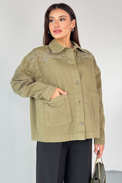 CKT-2749 Haki Nakış Detaylı Cepli Gabardin Ceket - 2