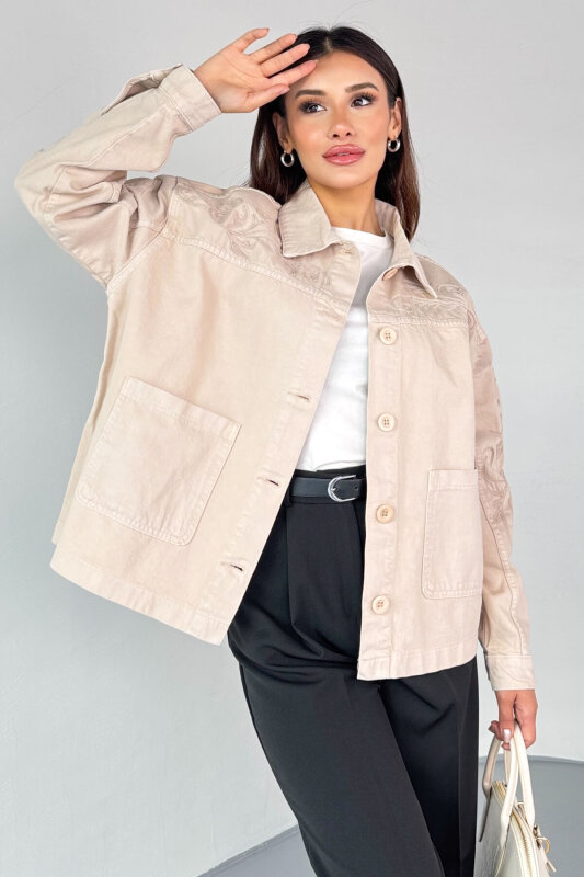 CKT-2749 Taş Rengi Nakış Detaylı Cepli Gabardin Ceket - 1