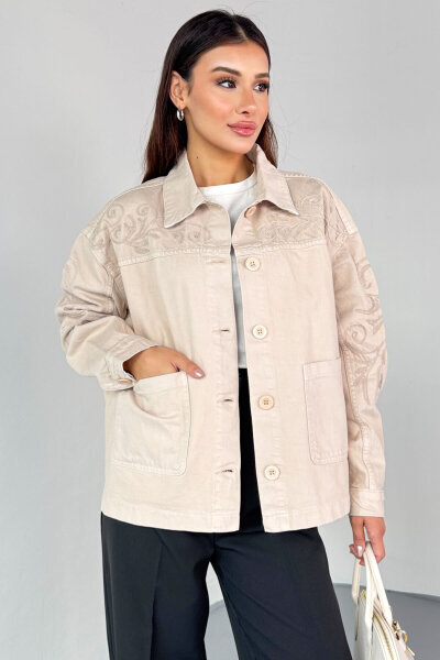 CKT-2749 Taş Rengi Nakış Detaylı Cepli Gabardin Ceket - 5