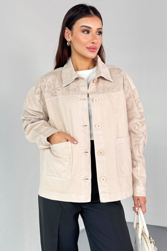 CKT-2749 Taş Rengi Nakış Detaylı Cepli Gabardin Ceket - 5