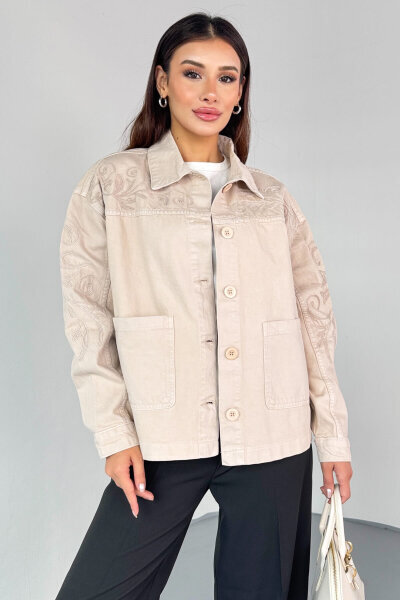 CKT-2749 Taş Rengi Nakış Detaylı Cepli Gabardin Ceket - 6