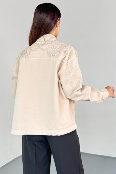 CKT-2749 Taş Rengi Nakış Detaylı Cepli Gabardin Ceket - 7