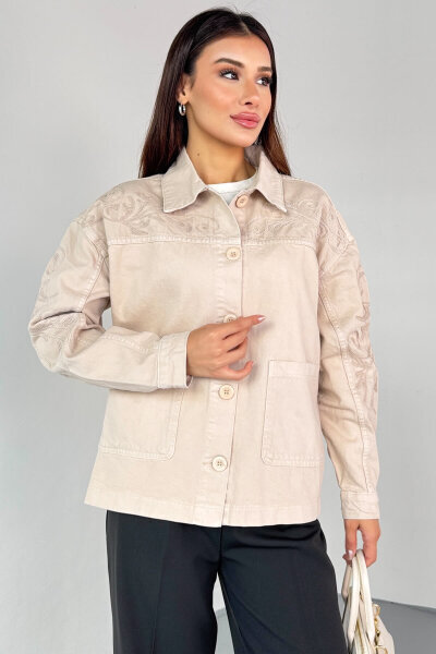 CKT-2749 Taş Rengi Nakış Detaylı Cepli Gabardin Ceket - 2