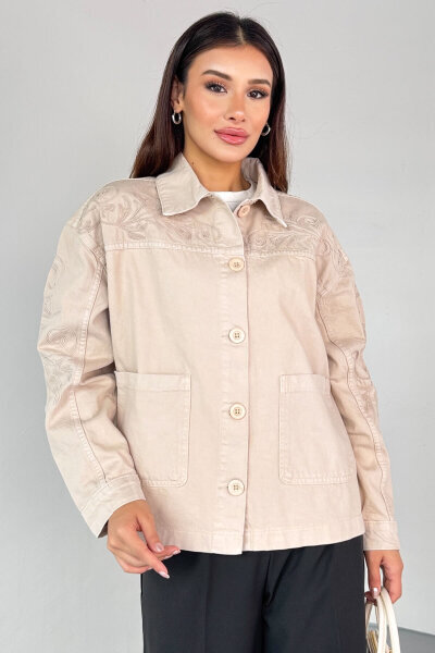 CKT-2749 Taş Rengi Nakış Detaylı Cepli Gabardin Ceket - 8