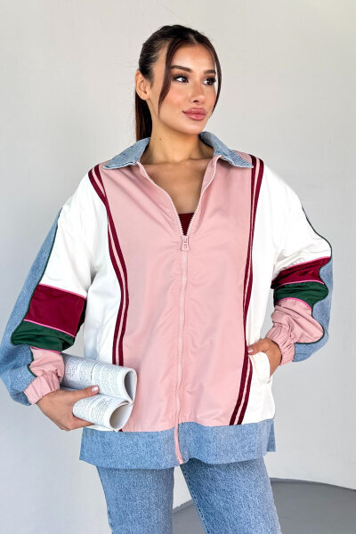 CKT-2783 Renk Bloklu Denim Yaka Bomber Ceket - 2