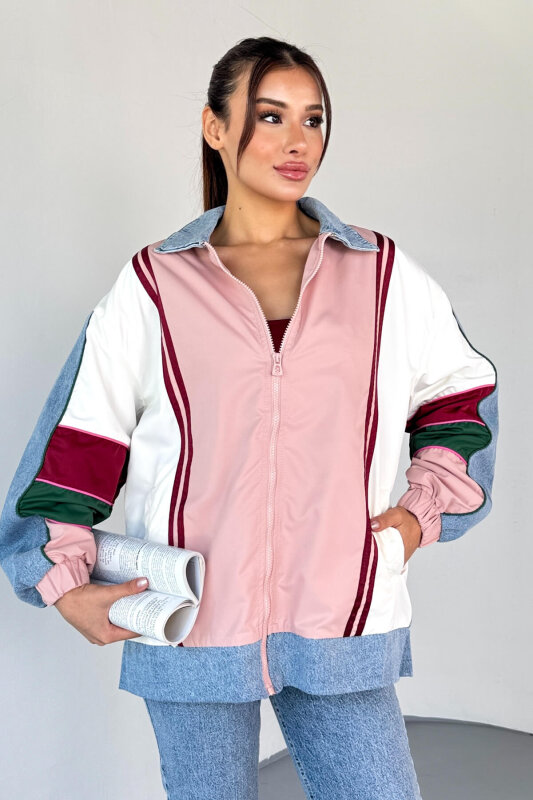 CKT-2783 Renk Bloklu Denim Yaka Bomber Ceket - 2