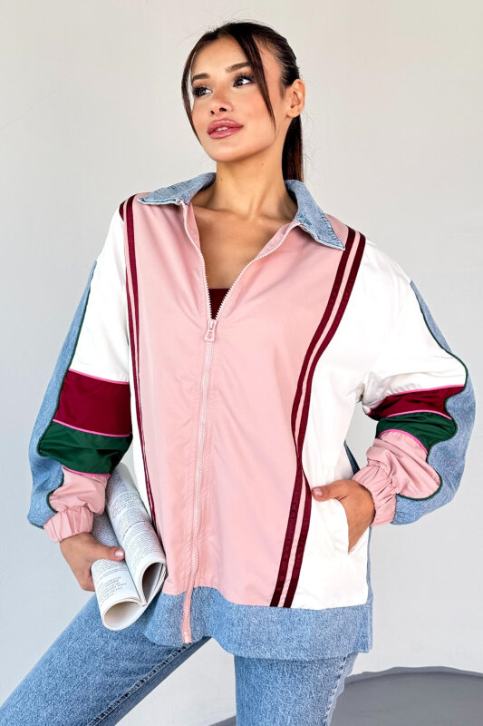 CKT-2783 Renk Bloklu Denim Yaka Bomber Ceket - 5