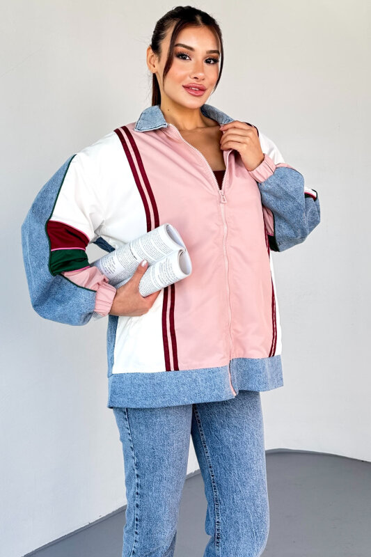 CKT-2783 Renk Bloklu Denim Yaka Bomber Ceket - 6