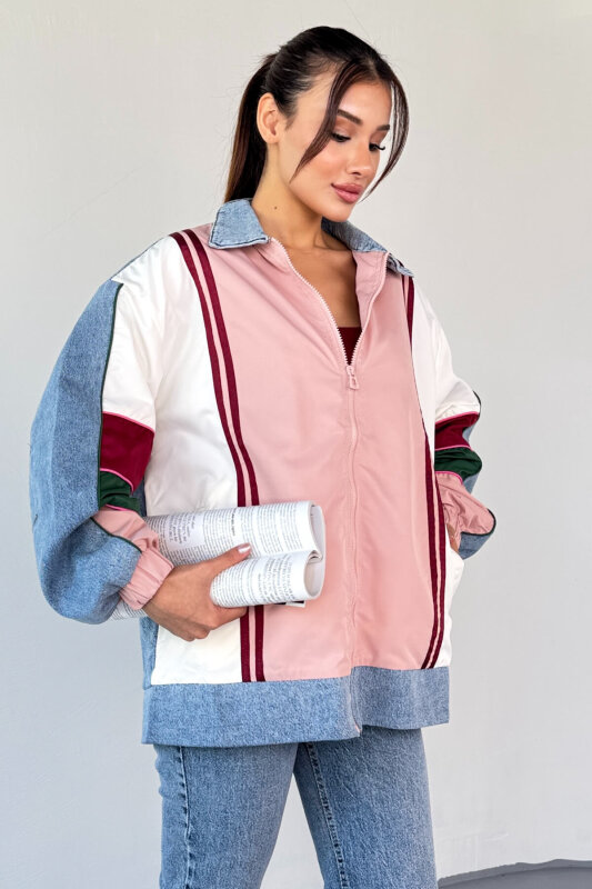 CKT-2783 Renk Bloklu Denim Yaka Bomber Ceket - 1