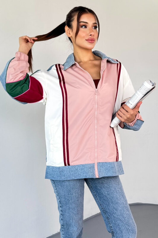CKT-2783 Renk Bloklu Denim Yaka Bomber Ceket - 7