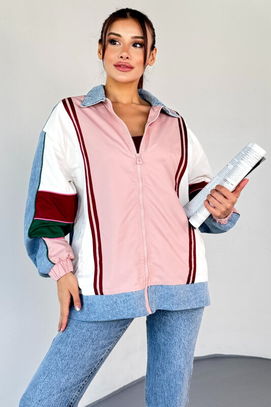 CKT-2783 Renk Bloklu Denim Yaka Bomber Ceket - 8