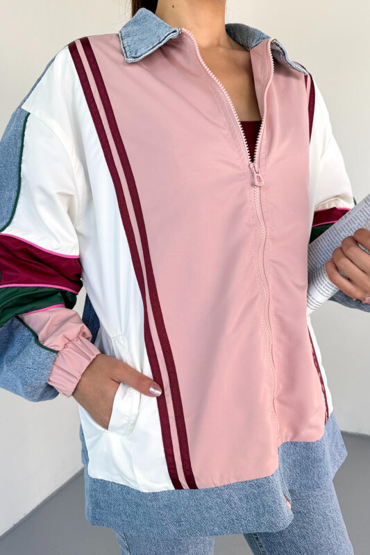 CKT-2783 Renk Bloklu Denim Yaka Bomber Ceket - 9
