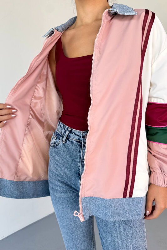 CKT-2783 Renk Bloklu Denim Yaka Bomber Ceket - 4