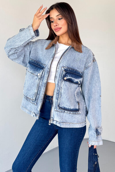 CKT-2826 Açık Mavi Taşlanmış Denim Kadife Yaka Oversize Ceket 