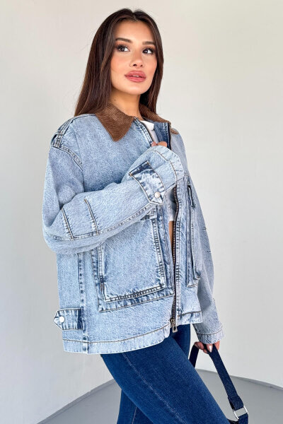 CKT-2826 Açık Mavi Taşlanmış Denim Kadife Yaka Oversize Ceket - 2