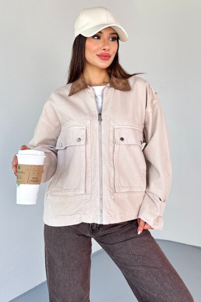 CKT-2826 Taş Rengi Denim Kadife Yaka Oversize Ceket - 1