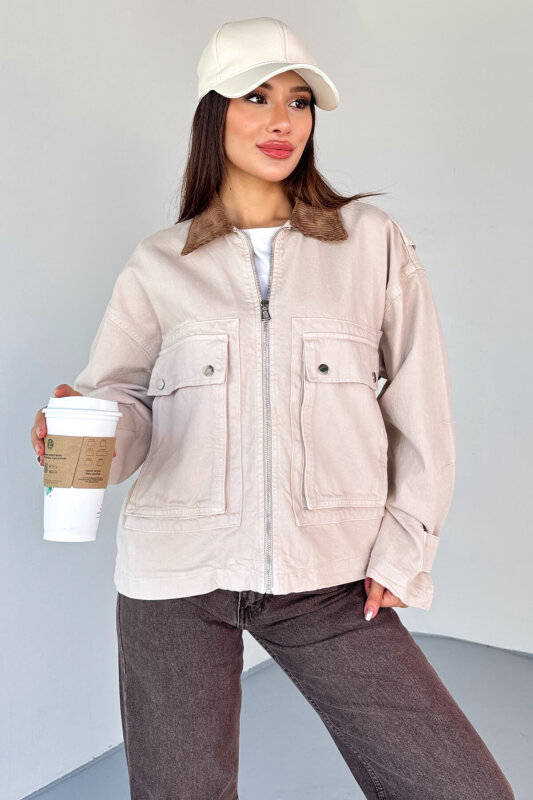 CKT-2826 Taş Rengi Denim Kadife Yaka Oversize Ceket - 1