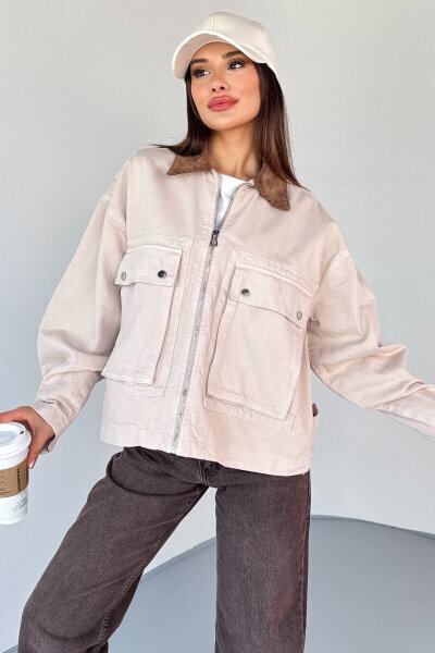 CKT-2826 Taş Rengi Denim Kadife Yaka Oversize Ceket - 2