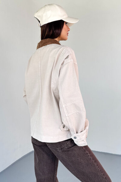 CKT-2826 Taş Rengi Denim Kadife Yaka Oversize Ceket - 3