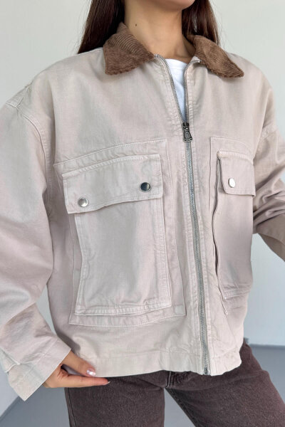 CKT-2826 Taş Rengi Denim Kadife Yaka Oversize Ceket - 4
