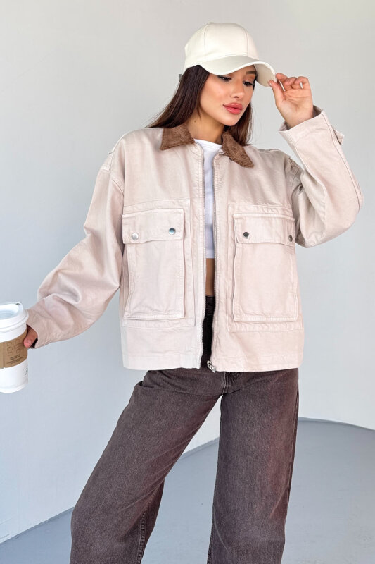 CKT-2826 Taş Rengi Denim Kadife Yaka Oversize Ceket - 5