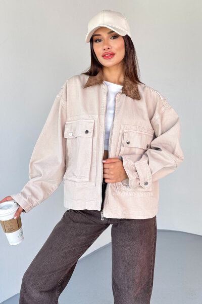 CKT-2826 Taş Rengi Denim Kadife Yaka Oversize Ceket - 6