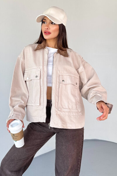 CKT-2826 Taş Rengi Denim Kadife Yaka Oversize Ceket - 7