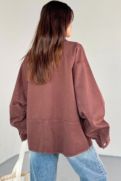 CKT-2829 Kahverengi Oversize Cep Detaylı Denim Ceket - 4