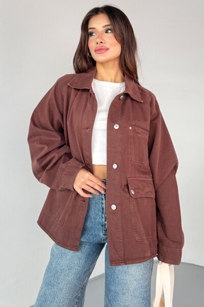 CKT-2829 Kahverengi Oversize Cep Detaylı Denim Ceket - 3