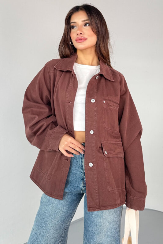 CKT-2829 Kahverengi Oversize Cep Detaylı Denim Ceket - 3