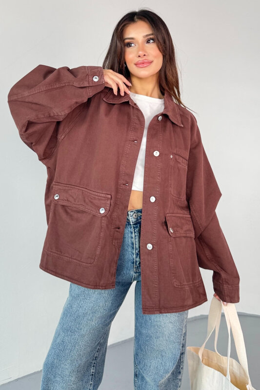 CKT-2829 Kahverengi Oversize Cep Detaylı Denim Ceket - 5