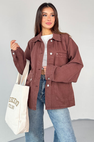 CKT-2829 Kahverengi Oversize Cep Detaylı Denim Ceket - 2