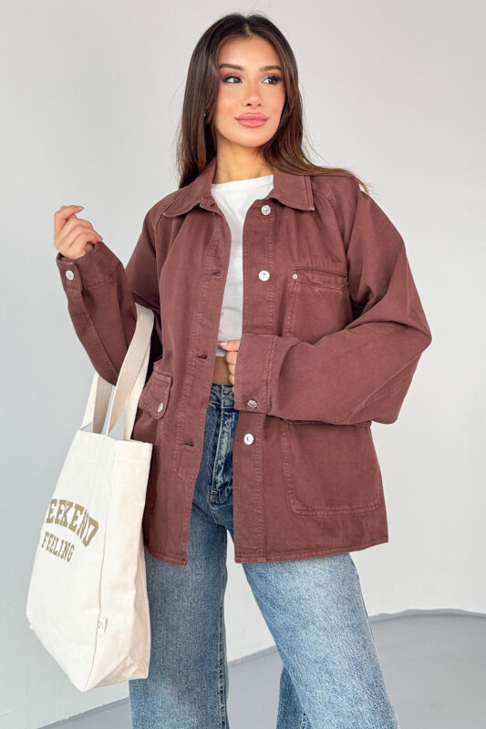 CKT-2829 Kahverengi Oversize Cep Detaylı Denim Ceket - 2